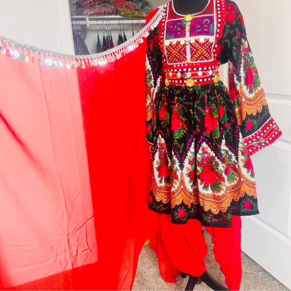 Elegant Orange Afghani Dress with Handmade Chest Design – Gulnar Fabric